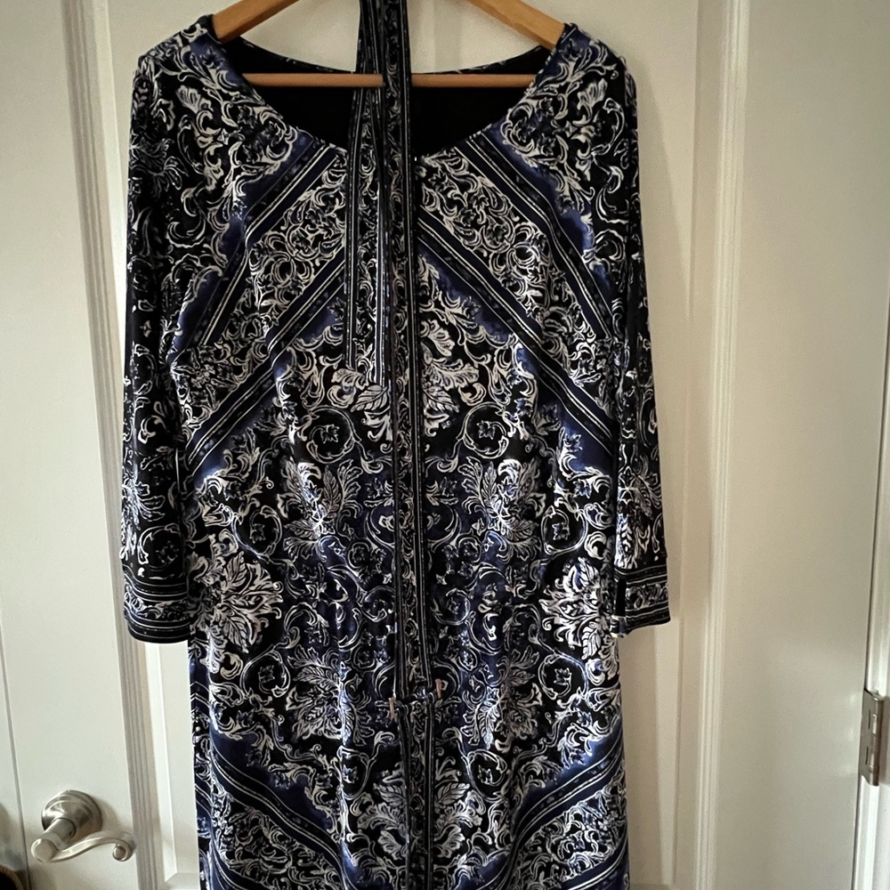 White House Black Market Black, Navy and White Long Sleeve Dress